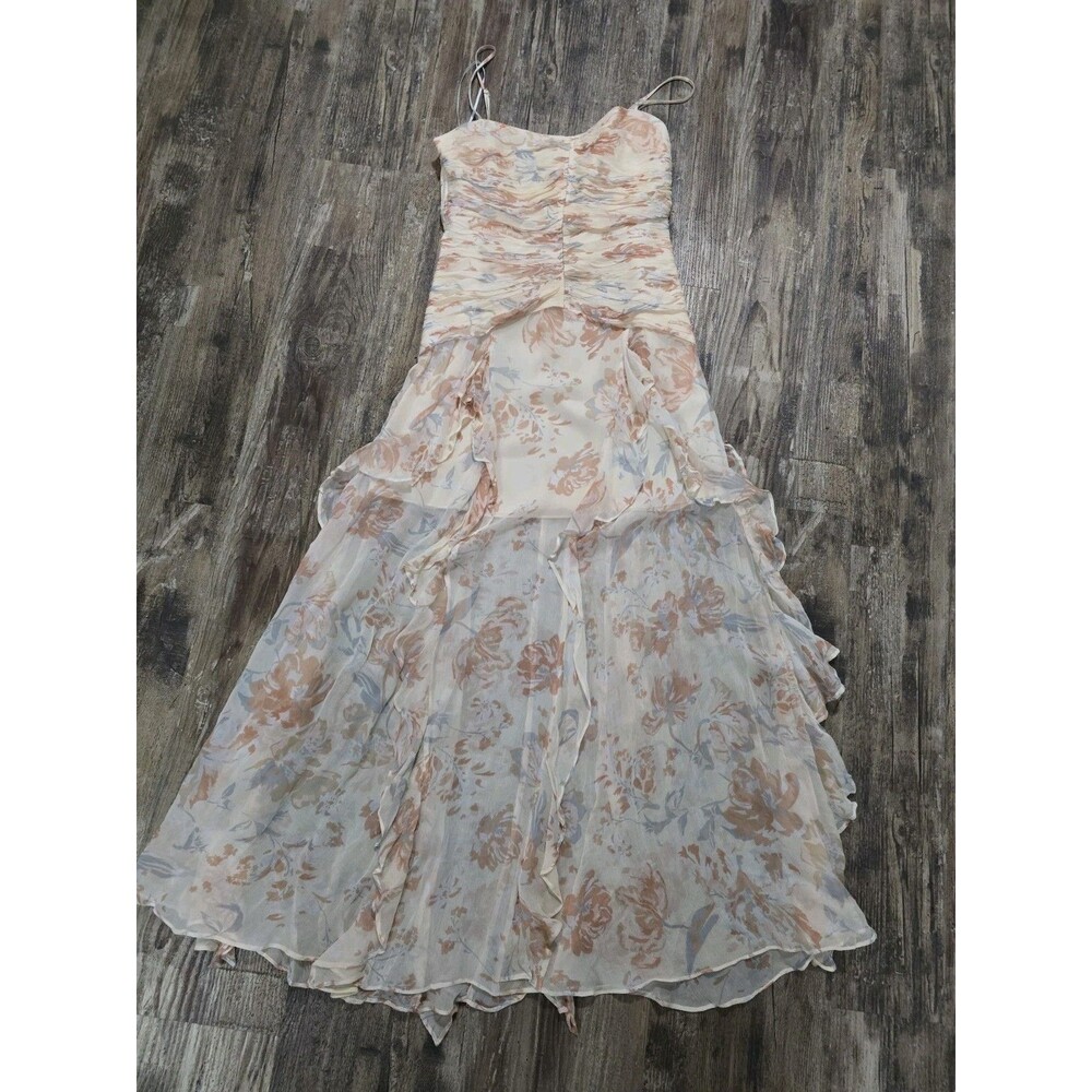 Shona Joy Faye Ruched Frill Floral Maxi Dress Size 6 Blush Multi Chiffon Ruffle